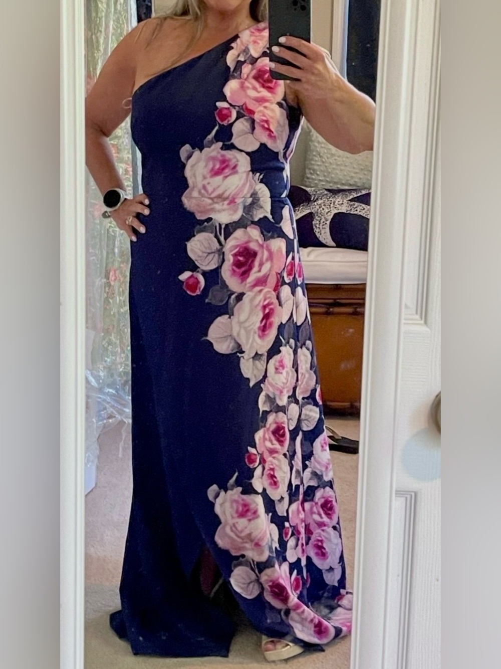 Kay Unger Carissa Gown- Navy One-Shoulder Floral Maxi Dress with Pink Rose Print